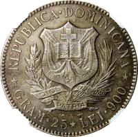 Dominican Republic Silver 1891 A 5 Francos NGC AU50 Paris Mint-150.000 KM# 12(1)