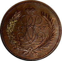 RUSSIA Elizabeth Copper 1757 Denga 1/2 Kopeck NGC MS64 RB Bit-502 (R2) KM#N30(8)