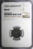 Germany - Empire Iron 1920 E 5 Pfennig Better Date NGC MS62 TOP GRADED KM# 19(4)