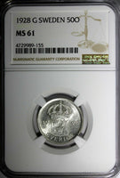 SWEDEN Gustaf V Silver 1928 G 50 Ore NGC MS61 KM# 788