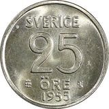 Sweden Gustaf VI Silver 1955 TS 25 Öre GEM BU COIN KM# 824 (22 015)