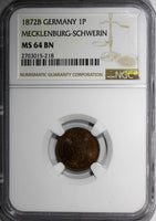 Germany MECKLENBURG-SCHWERIN 1872-B 1 Pfennig NGC MS64 BN TOP GRADE KM#315 (218)