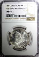 SWEDEN Oscar II Silver 1907 EB 2 Kronor NGC MS63 Golden Wedding Anniv.KM#776 (7)