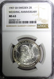 SWEDEN Oscar II Silver 1907 EB 2 Kronor NGC MS63 Golden Wedding Anniv.KM#776 (7)