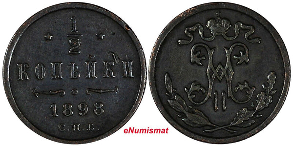 Russia Nicholas II 1898 SPB 1/2 Kopek Saint Petersburg Mint Y# 48.1 (20 379)