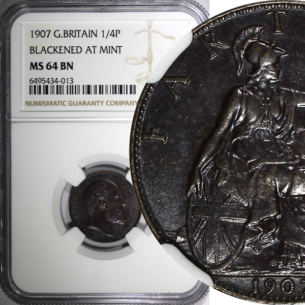 Great Britain Edward VII  Bronze 1907 Farthing NGC MS64 BN Blackened KM# 792 (3)