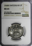 Switzerland Copper-Nickel 1968 B 2 Francs NGC MS65 1st Year Type KM# 21a.1 (050)
