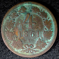 AUSTRIA Franz Joseph I Copper 1861  A 4 Kreuzer KM# 2194 (23 602)