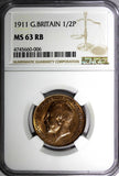 Great Britain George V Bronze 1911 1/2 Penny NGC MS63 RB 1st Date Type KM#809(6)