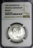 SWEDEN Oscar II Silver 1907-EB 2 Kronor NGC MS63+ Golden Wedding Anniv.KM#776(8)