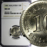 Malaysia Copper-Nickel 1981  10 Sen NGC MS64  KM# 3 (057)