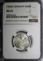 Germany - Empire Wilhelm II Silver 1904 D 1 Mark NGC MS62 Munich Mint KM# 14/005