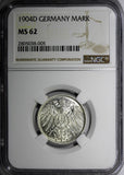 Germany - Empire Wilhelm II Silver 1904 D 1 Mark NGC MS62 Munich Mint KM# 14/005