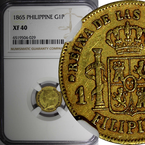 Philippines Isabella I Gold 1865 1 Peso NGC XF40 Mintage-189,000 KM# 142 (029)