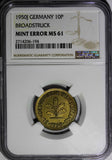 Germany Federal 1950-J 10 Pfennig NGC MINT ERROR MS61 BROADSTRUCK KM# 108 (194)