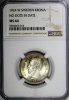 Sweden Gustaf V Silver 1924 W 1 Krona No Dots in Date NGC MS64 KM# 786.2 (016)