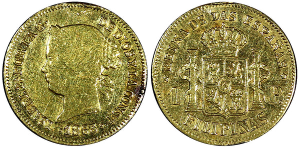 Philippines Isabel II Gold 1863 Peso Mintage-236 000 Manila KM# 142 (21 693)