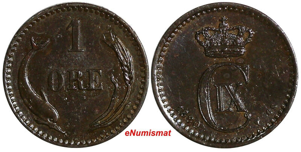 Denmark Christian IX Bronze 1880 CS 1 Ore XF Condition  KM# 792.1 (15 634)