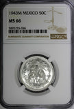 MEXICO ESTADOS UNIDOS MEXICANOS Silver 1943 M 50 Centavos NGC MS66 KM# 447 (046)