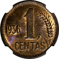 Lithuania Bronze 1936 1 Centas NGC MS63 RB NICE TONING 1 YEAR TYPE KM# 79