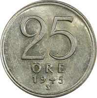 Sweden Gustaf V Silver 1945 TS 25 Öre   KM# 816 (22 026)