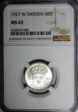 SWEDEN Gustaf V Silver 1927 W 50 Ore NGC MS65 ONE GRADED HIGHEST SCARCE KM788(6)