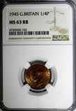 Great Britain George VI Bronze 1945 Farthing NGC MS63 RB RED TONING KM# 843