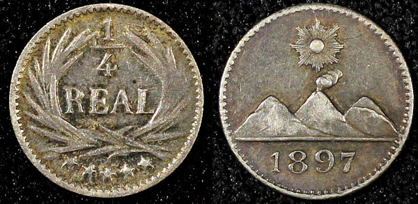 GUATEMALA Silver 1897 1/4 Real  Sun above 3 Volcanoes Toned KM# 162 (22 793)