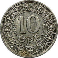 Denmark Frederik VIII Silver 1907 (h) VBP; GJ 10 Ore XF Condition KM# 807 (9694)