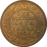 India-British George V Bronze 1934 (C) 1/4 Anna UNC Red Toned KM# 512  (22 308)