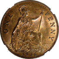 GREAT BRITAIN George V Bronze 1936 1 Penny NGC MS65 BN NICE TONING KM# 838 (8)