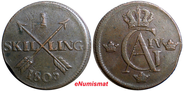 SWEDEN 1805 1 SKILLING OVERSTRUCK ON 18th Cent 2 ORE S.M.  KM#566 (2371)