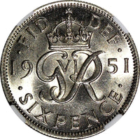 Great Britain George VI Copper-Nickel 1951 6 Pence NGC MS64 Toned KM# 875 (045)