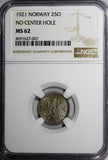 Norway Haakon VII 1921 25 Ore NGC MS62 3 YEARS TYPE TOP GRADED BY NGC KM# 381(7)
