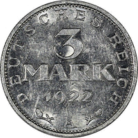 Germany - Weimar Republic Aluminum 1922-A 3 Mark aUNC Condition KM# 28 (10 737)