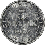 Germany - Weimar Republic Aluminum 1922-A 3 Mark aUNC Condition KM# 28 (10 737)