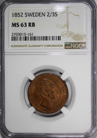 Sweden Oscar I 1852 2/3 Skilling NGC MS63 RB TOP GRADED Mint-297,000 KM# 663(61)