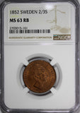 Sweden Oscar I 1852 2/3 Skilling NGC MS63 RB TOP GRADED Mint-297,000 KM# 663(61)