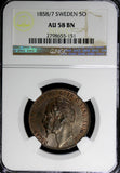 SWEDEN Oscar I Bronze 1858/7  5 Ore  Overdate NGC AU58 BN  KM# 690