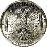Albania Vittorio Emanuele III Silver 1939 R 5 Lek NGC MS61 WWII Ocupation KM# 33