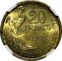 France 1950 20 Francs NGC MS65 GEORGES GUIRAUD 3 plumes HIGH GRADE KM# 916.1 (8)