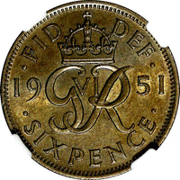 Great Britain George VI Copper-Nickel 1951 6 Pence NGC AU58 Toned KM# 875 (031)