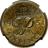 Great Britain George VI Copper-Nickel 1951 6 Pence NGC AU58 Toned KM# 875 (031)