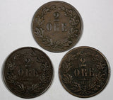 Sweden Oscar II Bronze LOT OF 3 COINS 1873 L.A. 2 Ore  VF KM# 729