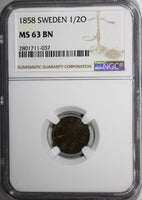 SWEDEN Oscar I Bronze 1858 1/2 Ore NGC MS63 BN BROWN KM# 686