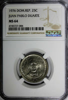 DOMINICAN REPUBLIC 1976 25 Centavos NGC MS64 Death of Juan Pablo Duarte KM# 43