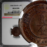 Straits Settlements Edward VII Copper 1908 1/4 Cent NGC MS62 SCARCE KM# 17 (038)