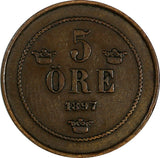 Sweden Oscar II Bronze 1895 5 Ore Large Letters Variety KM# 757 (17 914)