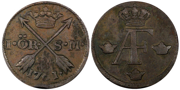 SWEDEN Adolf Frederick Copper 1761 S.M. 1 Ore KM# 460  (21 161)