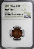 Finland Copper 1937 5 Penniä NGC MS63 RB TOP  GRADED BY NGC KM# 22 (049)